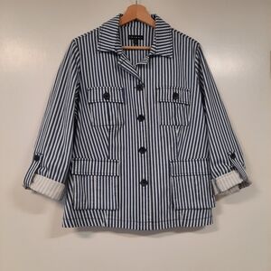 Tribal Utility Jacket Sz L Button Front Roll Tab Sleeve Blue White Stripe